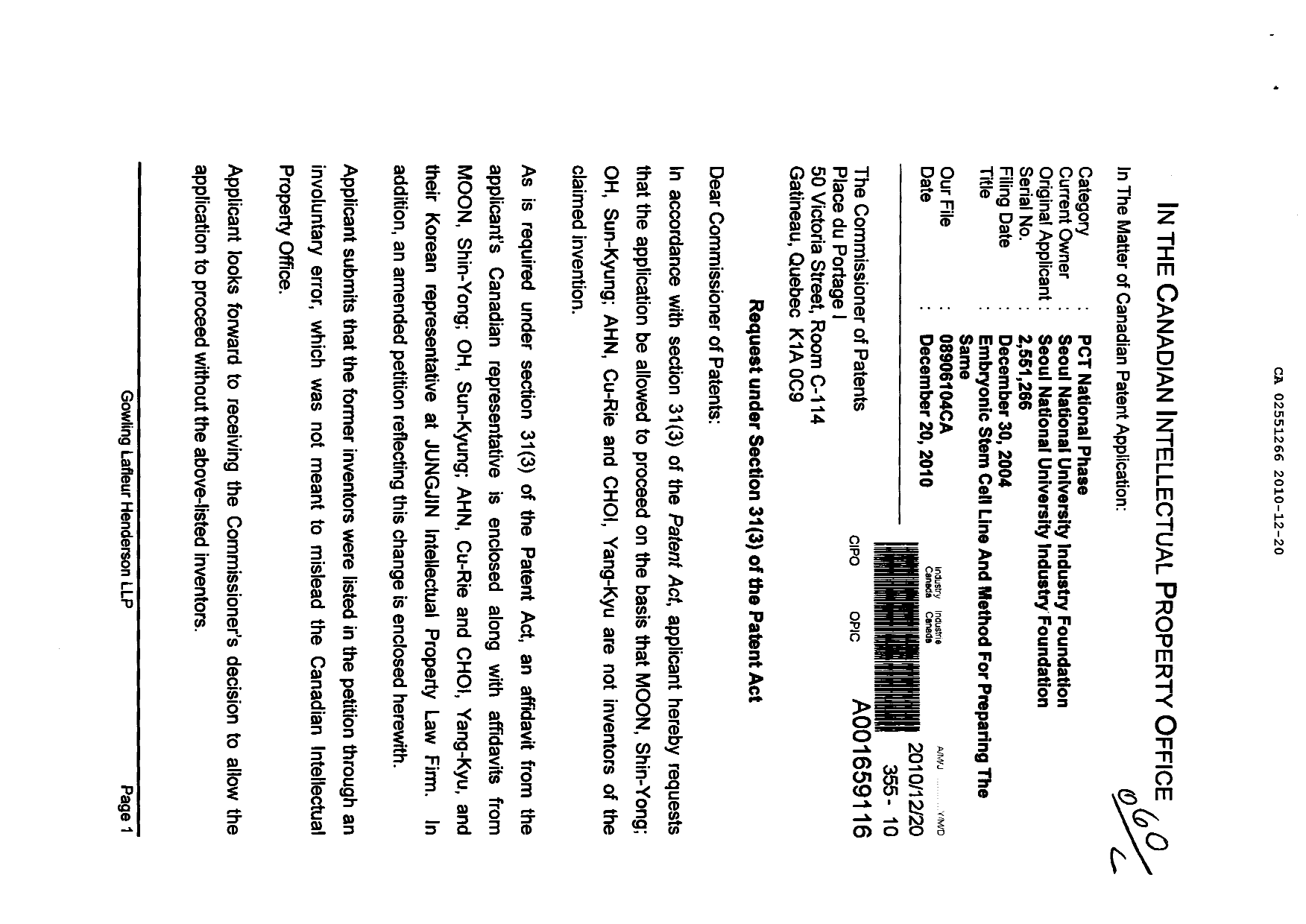 Canadian Patent Document 2551266. Correspondence 20091220. Image 1 of 11