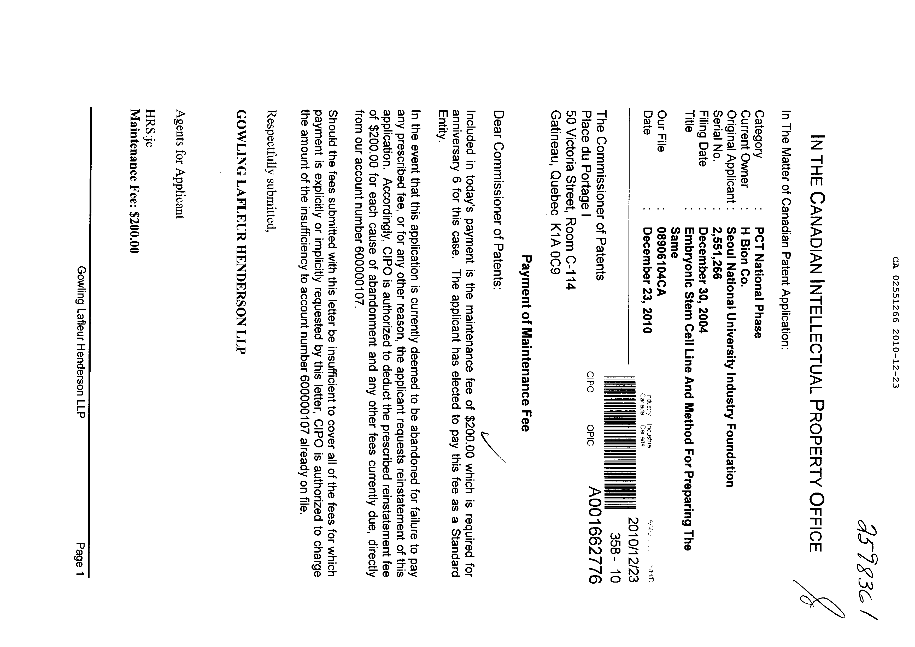 Canadian Patent Document 2551266. Fees 20091223. Image 1 of 1