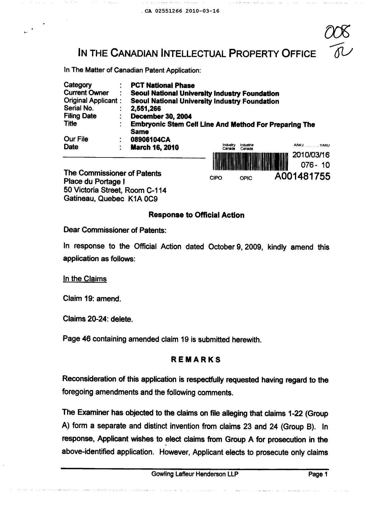 Canadian Patent Document 2551266. Prosecution-Amendment 20100316. Image 1 of 3