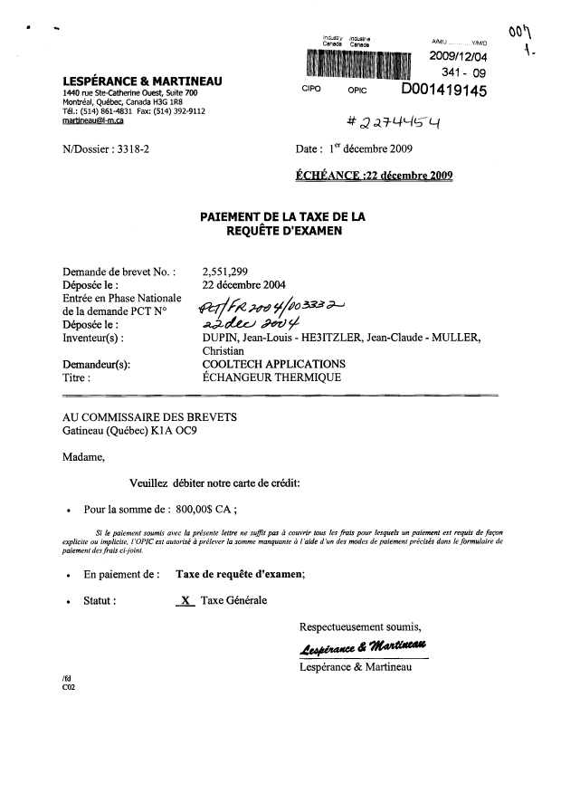 Canadian Patent Document 2551299. Prosecution-Amendment 20091204. Image 1 of 1