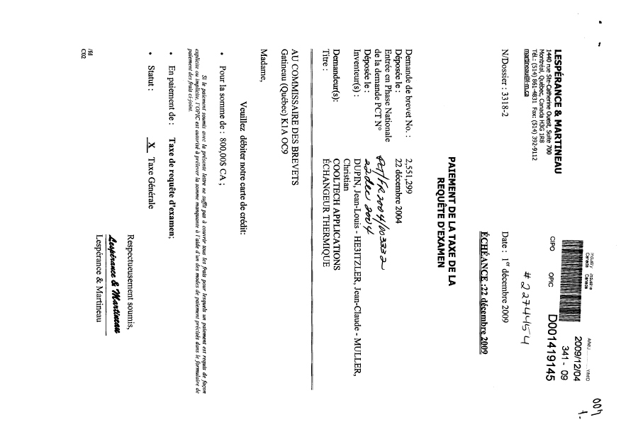 Canadian Patent Document 2551299. Prosecution-Amendment 20091204. Image 1 of 1