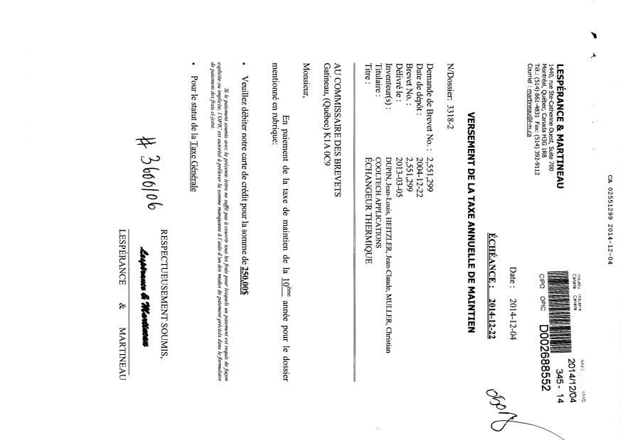Canadian Patent Document 2551299. Fees 20141204. Image 1 of 1