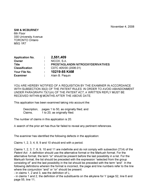 Canadian Patent Document 2551409. Prosecution-Amendment 20081104. Image 1 of 4