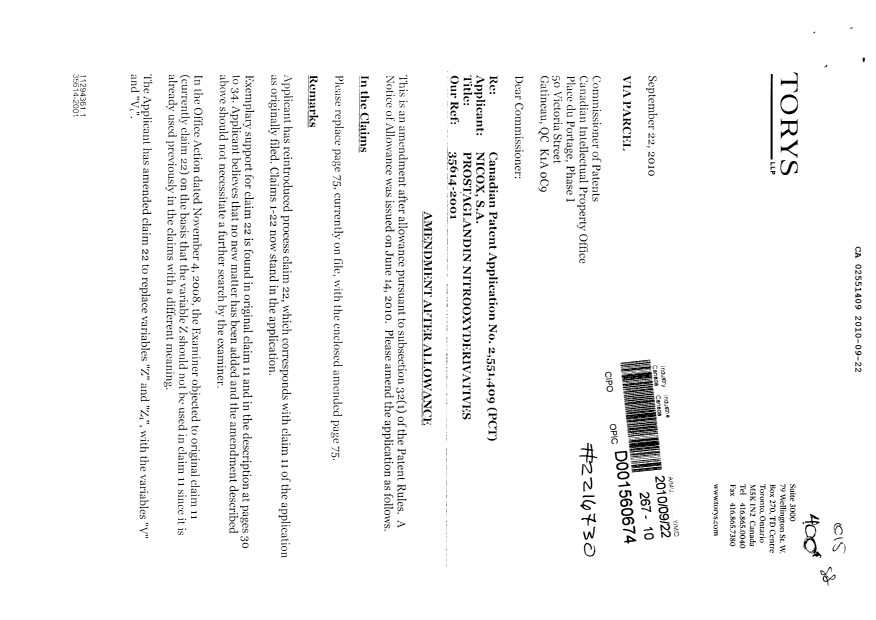 Canadian Patent Document 2551409. Prosecution-Amendment 20100922. Image 1 of 3