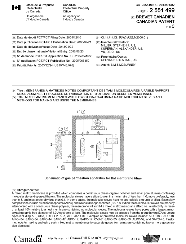 Canadian Patent Document 2551499. Cover Page 20130306. Image 1 of 1