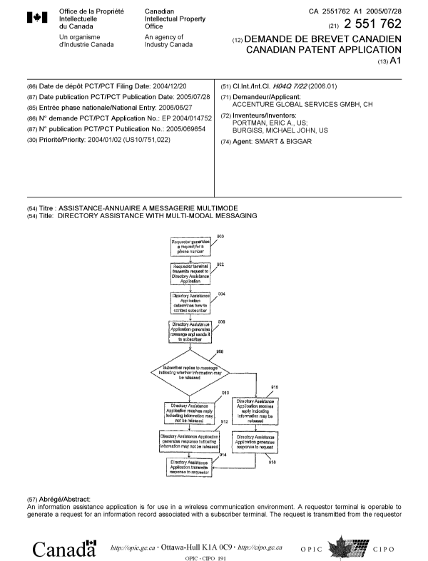Document de brevet canadien 2551762. Page couverture 20060907. Image 1 de 2