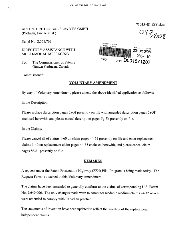 Canadian Patent Document 2551762. Prosecution-Amendment 20091208. Image 1 of 22