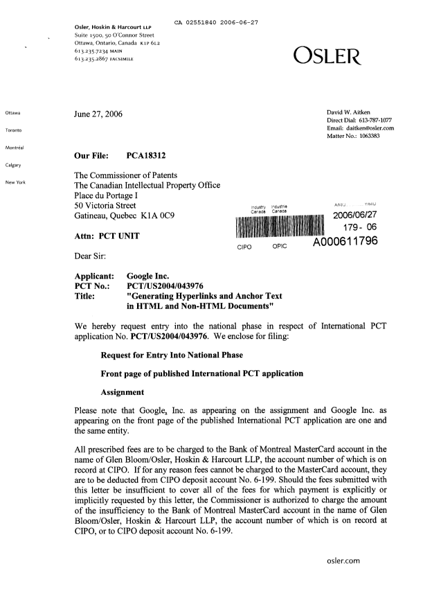 Document de brevet canadien 2551840. Cession 20060627. Image 1 de 7