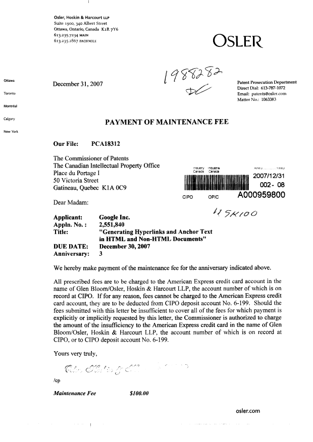 Document de brevet canadien 2551840. Taxes 20071231. Image 1 de 1