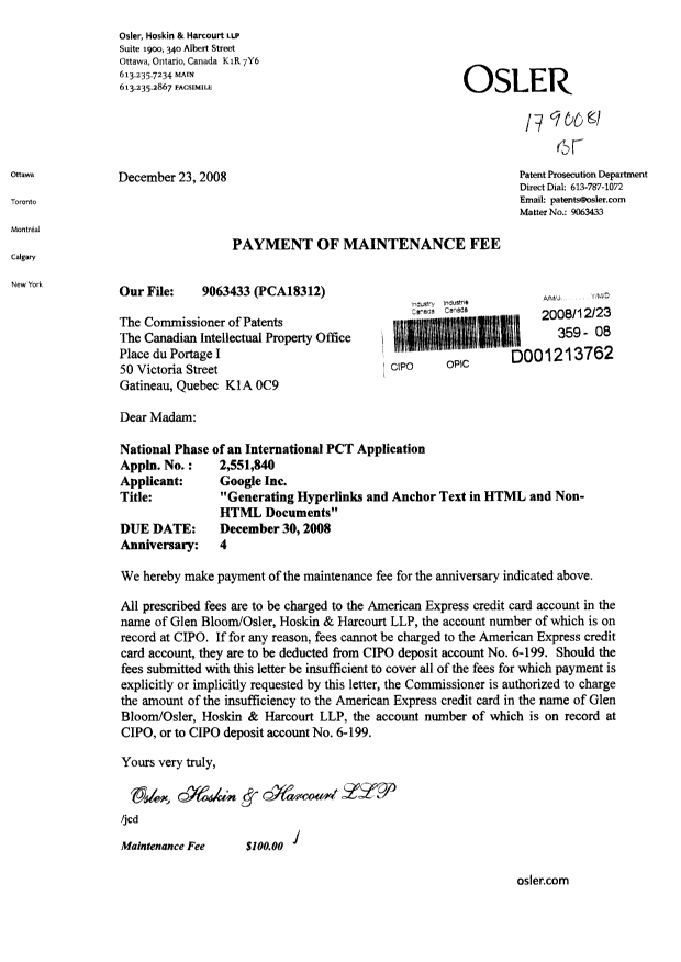Document de brevet canadien 2551840. Taxes 20081223. Image 1 de 1