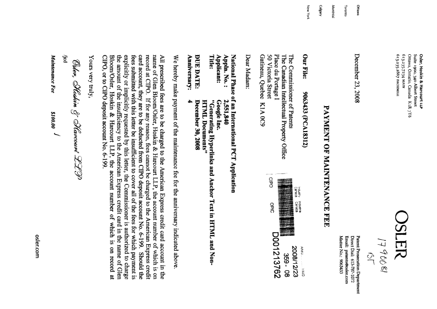 Canadian Patent Document 2551840. Fees 20081223. Image 1 of 1