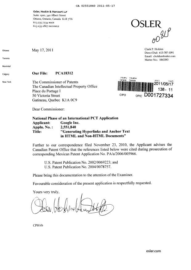 Document de brevet canadien 2551840. Poursuite-Amendment 20110517. Image 1 de 1