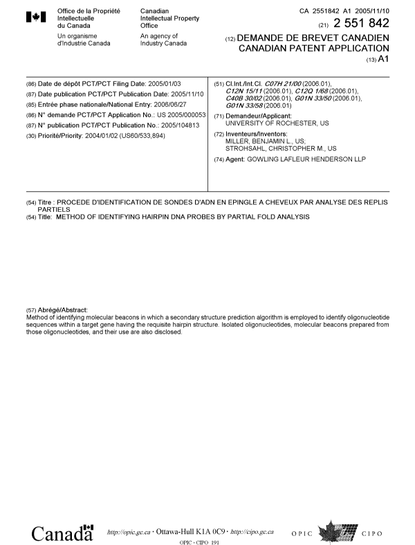 Canadian Patent Document 2551842. Cover Page 20051229. Image 1 of 1