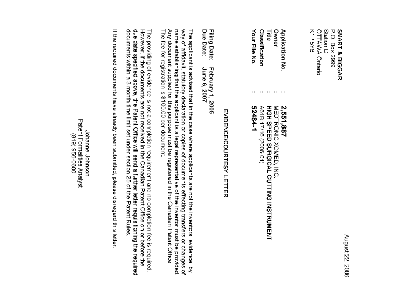 Canadian Patent Document 2551887. Correspondence 20060817. Image 1 of 1