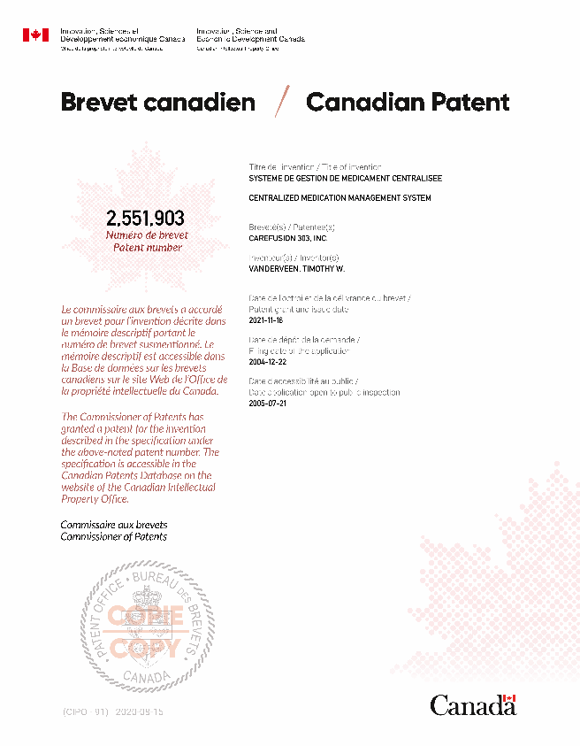 Canadian Patent Document 2551903. Electronic Grant Certificate 20211116. Image 1 of 1