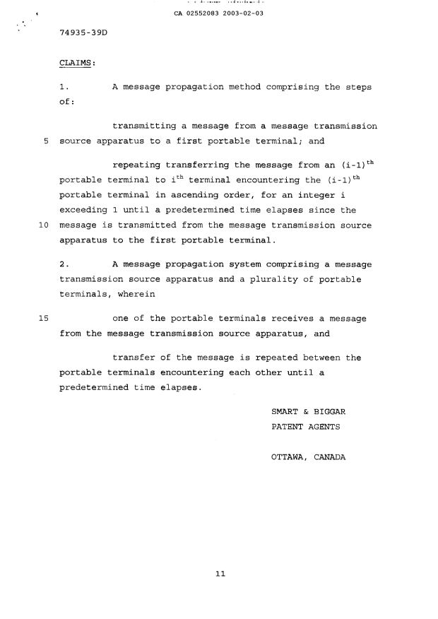 Document de brevet canadien 2552083. Revendications 20030203. Image 1 de 1