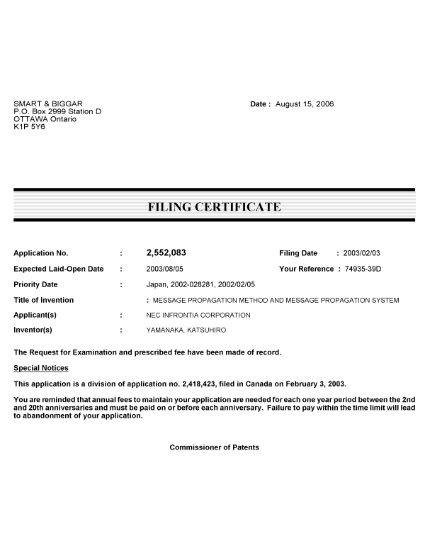 Document de brevet canadien 2552083. Correspondance 20060810. Image 1 de 1