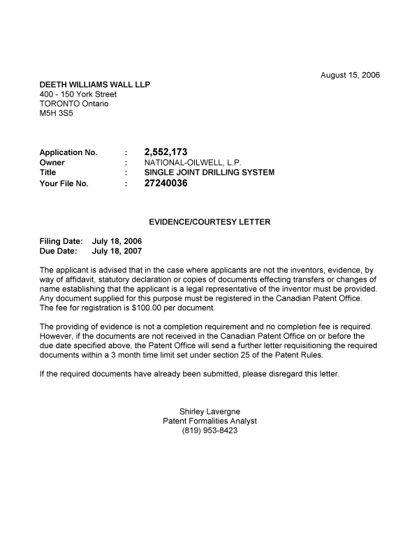 Document de brevet canadien 2552173. Correspondance 20060810. Image 1 de 1