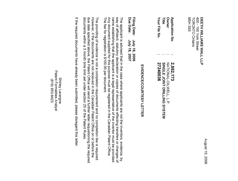 Canadian Patent Document 2552173. Correspondence 20060810. Image 1 of 1