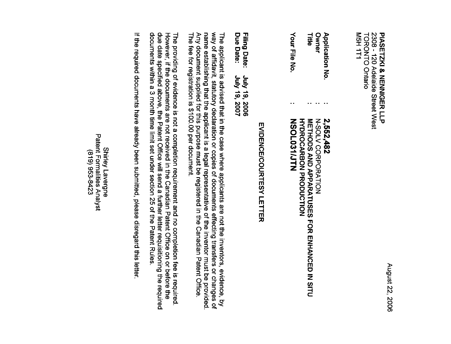 Document de brevet canadien 2552482. Correspondance 20051215. Image 1 de 1