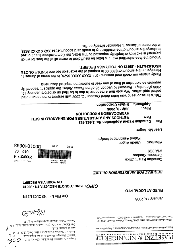Document de brevet canadien 2552482. Correspondance 20071214. Image 1 de 2