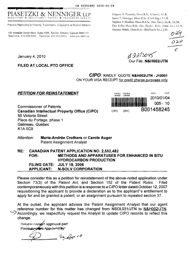 Document de brevet canadien 2552482. Correspondance 20091204. Image 1 de 9
