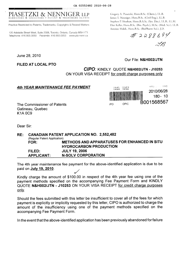 Document de brevet canadien 2552482. Taxes 20091228. Image 1 de 2