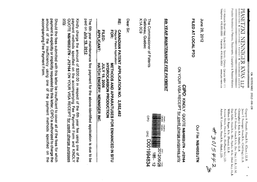 Document de brevet canadien 2552482. Taxes 20120628. Image 1 de 2