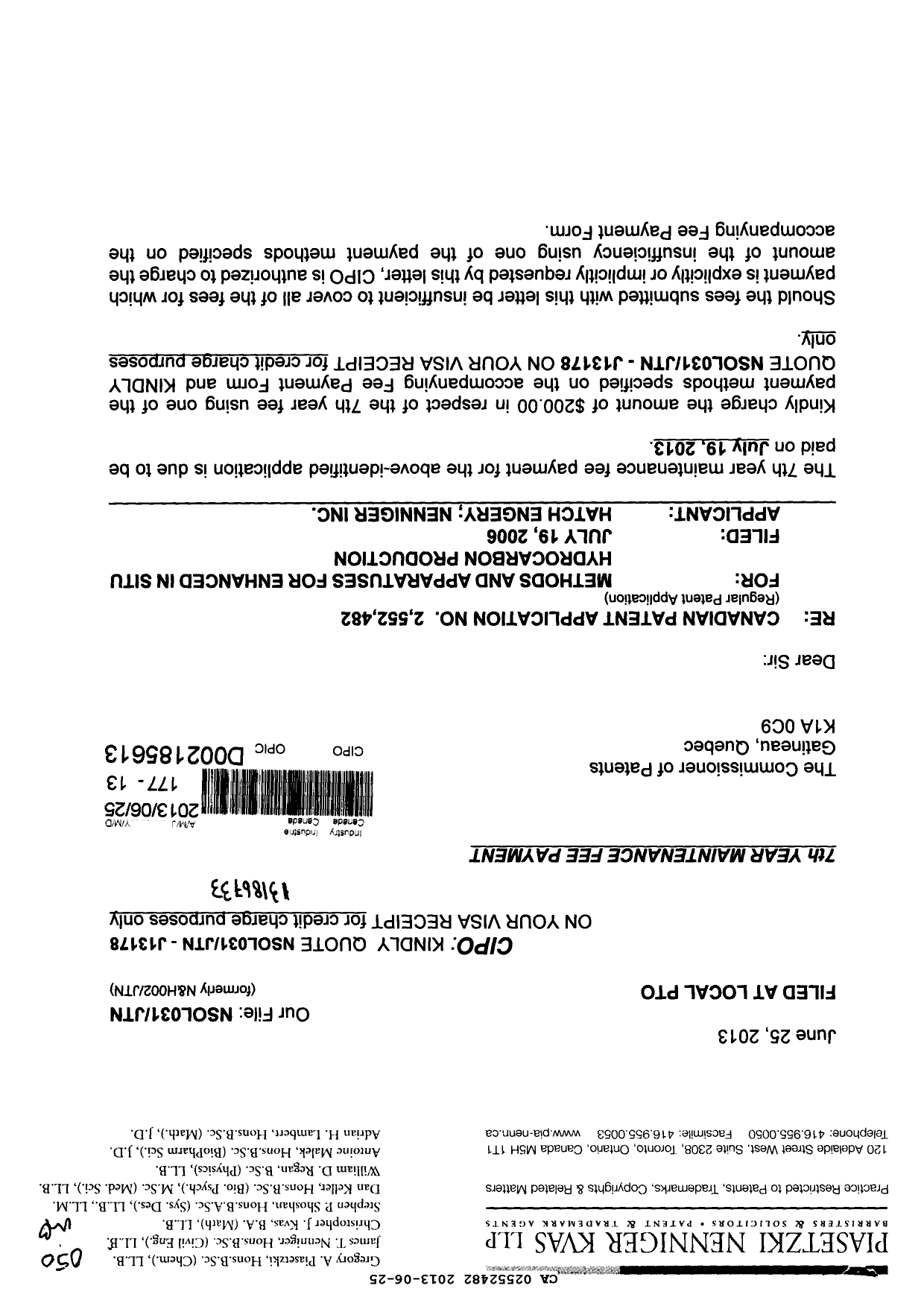 Document de brevet canadien 2552482. Taxes 20121225. Image 1 de 2
