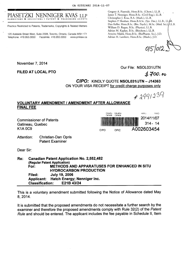 Document de brevet canadien 2552482. Correspondance 20141107. Image 1 de 3