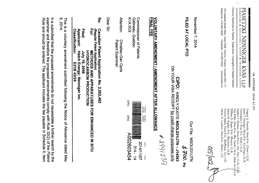 Document de brevet canadien 2552482. Correspondance 20141107. Image 1 de 3