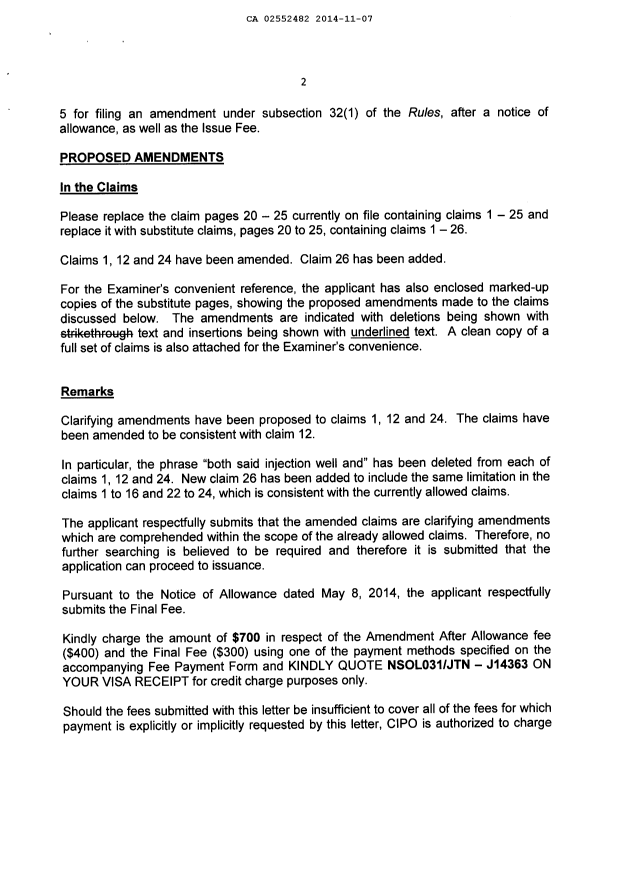 Document de brevet canadien 2552482. Correspondance 20141107. Image 2 de 3
