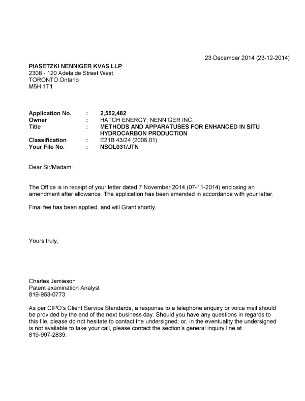 Document de brevet canadien 2552482. Correspondance 20141223. Image 1 de 1
