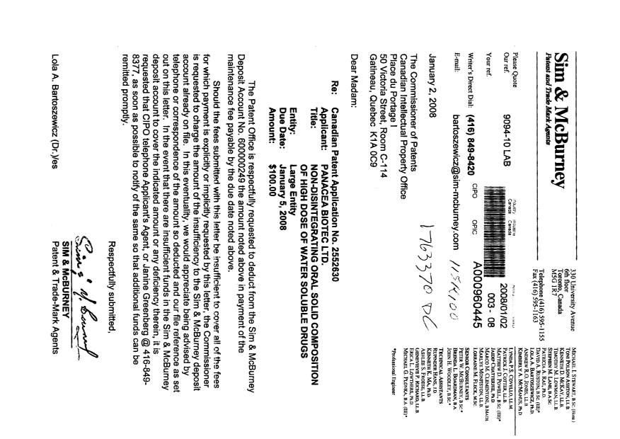 Canadian Patent Document 2552630. Fees 20080102. Image 1 of 1