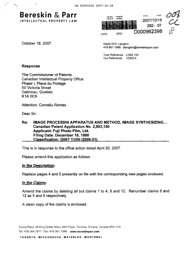 Canadian Patent Document 2553150. Prosecution-Amendment 20071018. Image 1 of 6
