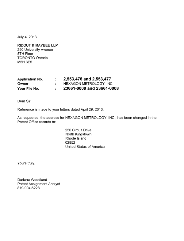 Document de brevet canadien 2553476. Correspondance 20130704. Image 1 de 1