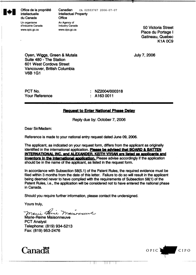 Document de brevet canadien 2553767. PCT 20060707. Image 1 de 1