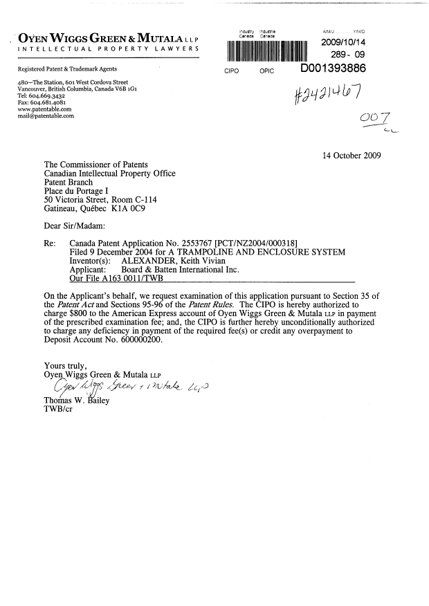 Canadian Patent Document 2553767. Prosecution-Amendment 20091014. Image 1 of 1