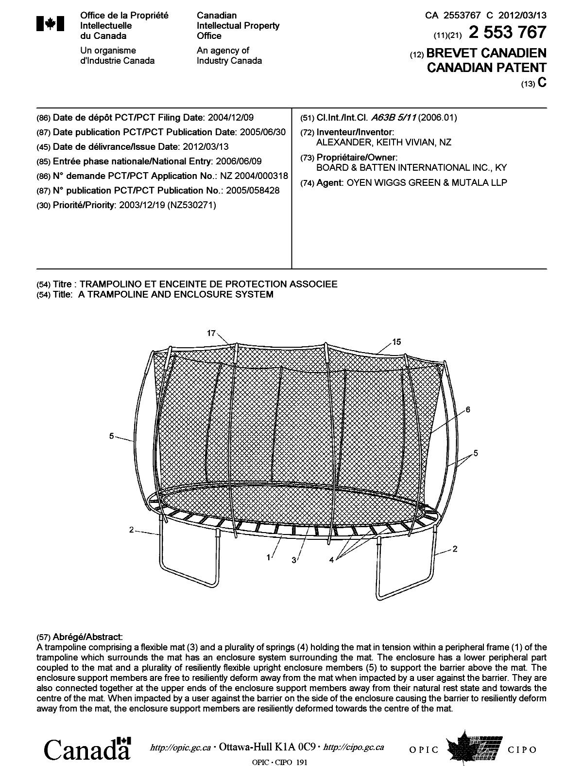 Canadian Patent Document 2553767. Cover Page 20120215. Image 1 of 1