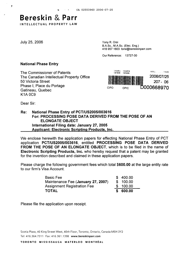 Document de brevet canadien 2553960. Cession 20060725. Image 1 de 10