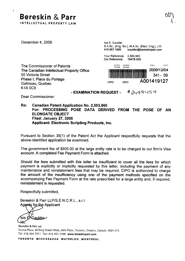 Document de brevet canadien 2553960. Poursuite-Amendment 20091204. Image 1 de 1