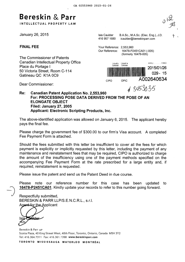 Document de brevet canadien 2553960. Correspondance 20150126. Image 1 de 1