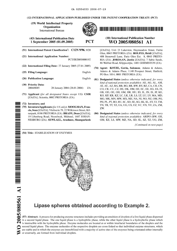Canadian Patent Document 2554033. Abstract 20060719. Image 1 of 2