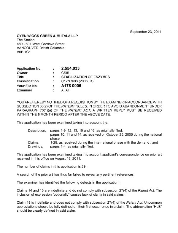 Canadian Patent Document 2554033. Prosecution-Amendment 20110923. Image 1 of 2