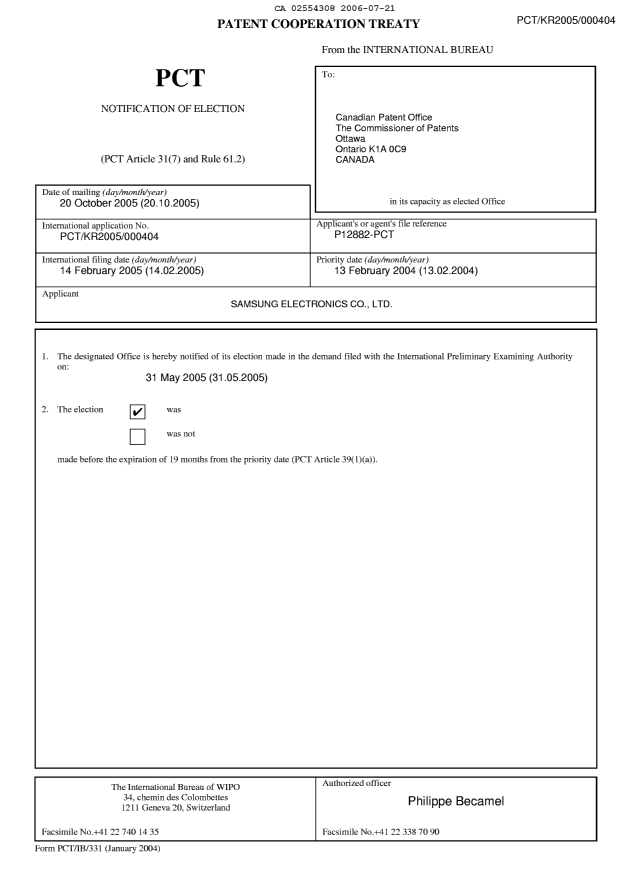 Document de brevet canadien 2554308. PCT 20060721. Image 1 de 4