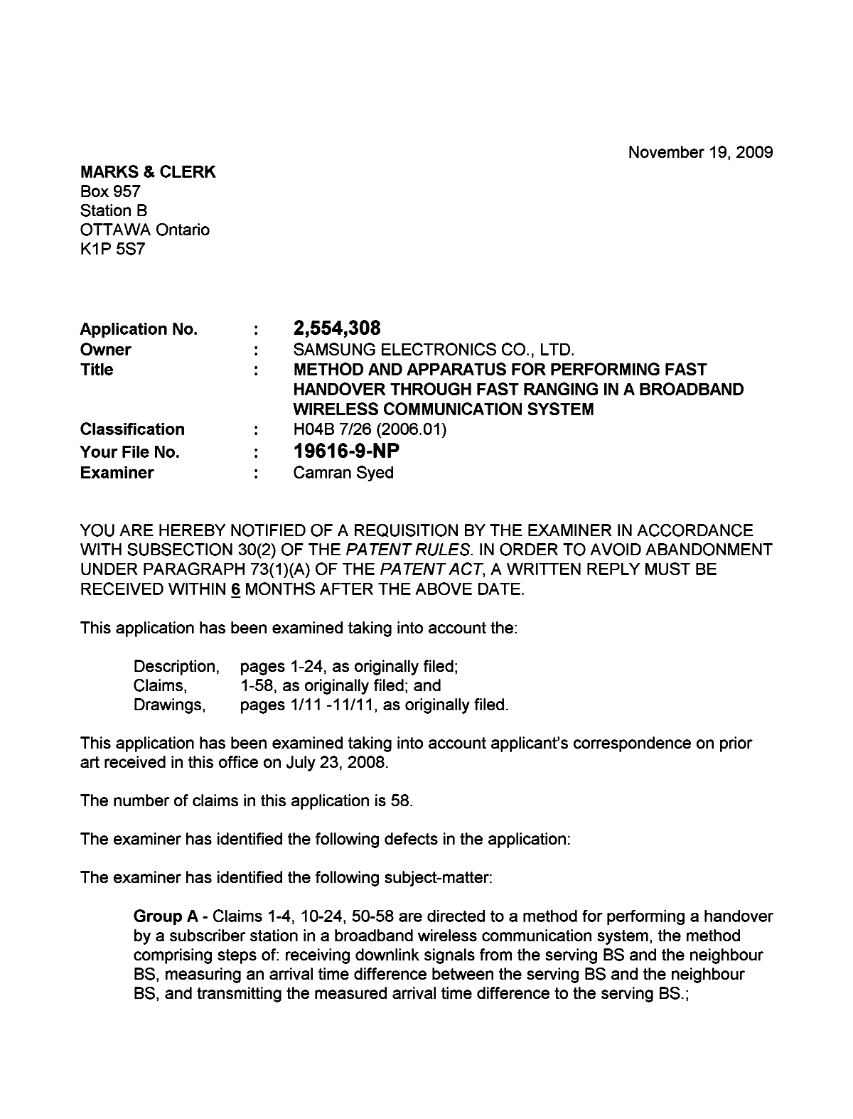 Canadian Patent Document 2554308. Prosecution-Amendment 20091119. Image 1 of 2