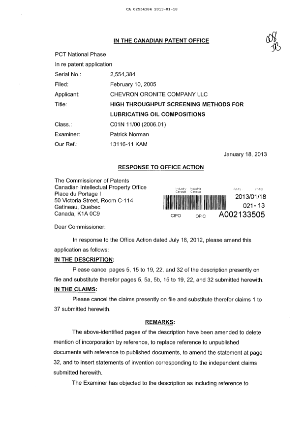Canadian Patent Document 2554384. Prosecution-Amendment 20130118. Image 1 of 41