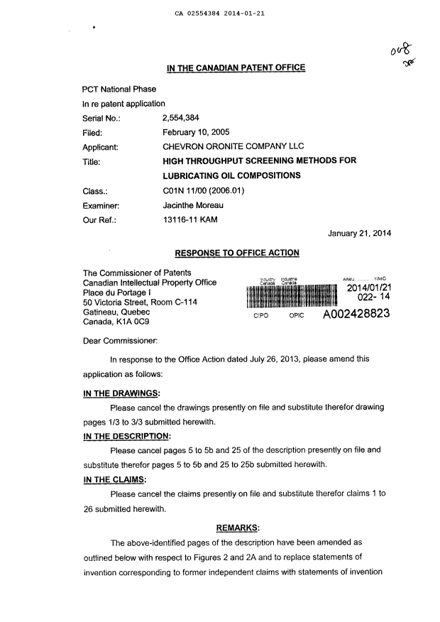Canadian Patent Document 2554384. Prosecution-Amendment 20140121. Image 1 of 27