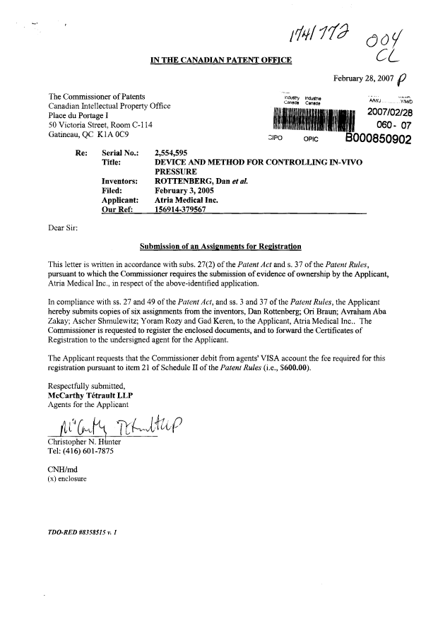 Document de brevet canadien 2554595. Cession 20070228. Image 1 de 7
