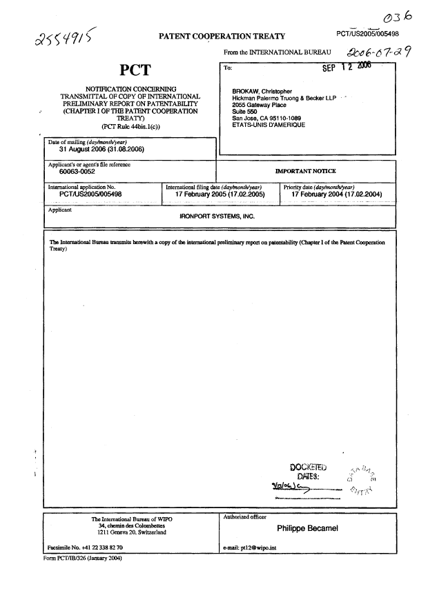 Document de brevet canadien 2554915. PCT 20060729. Image 1 de 7